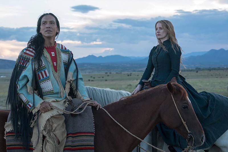 Michael Greyeyes and Jessica Chastain in Woman Walks Ahead
