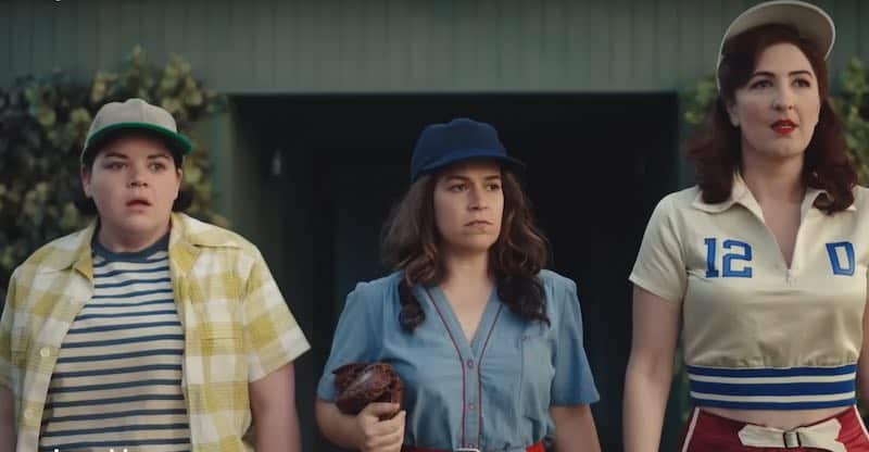 Melanie Field, Abbi Jacobson, and D'Arcy Carden in A League of Their Own