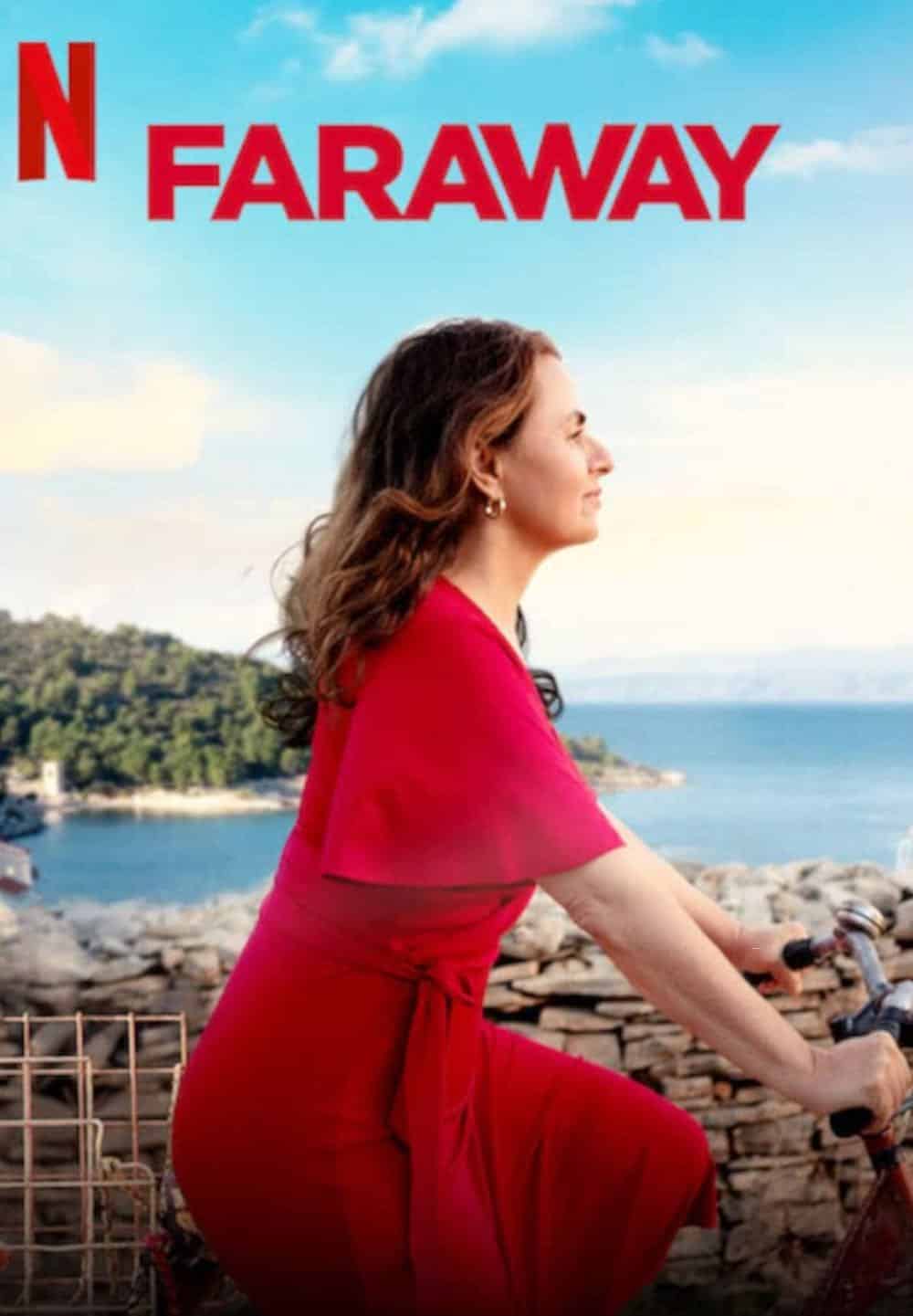 Naomi Krauss rides a bicycle on the poster for Faraway