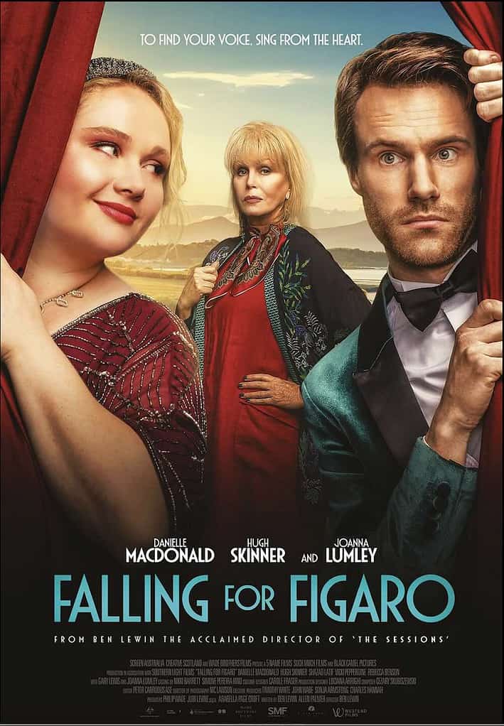 the poster shows Joanna Lumley, Hugh Skinner, and Danielle Macdonald in Falling for Figaro
