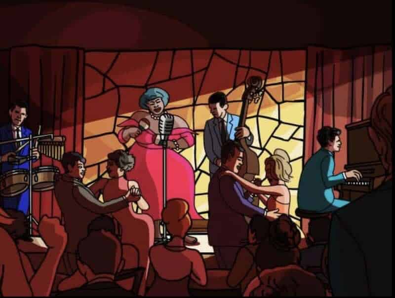 A scene from They Shot the Piano Player with Ella Fitzgerald on a state with Brazilian musicians