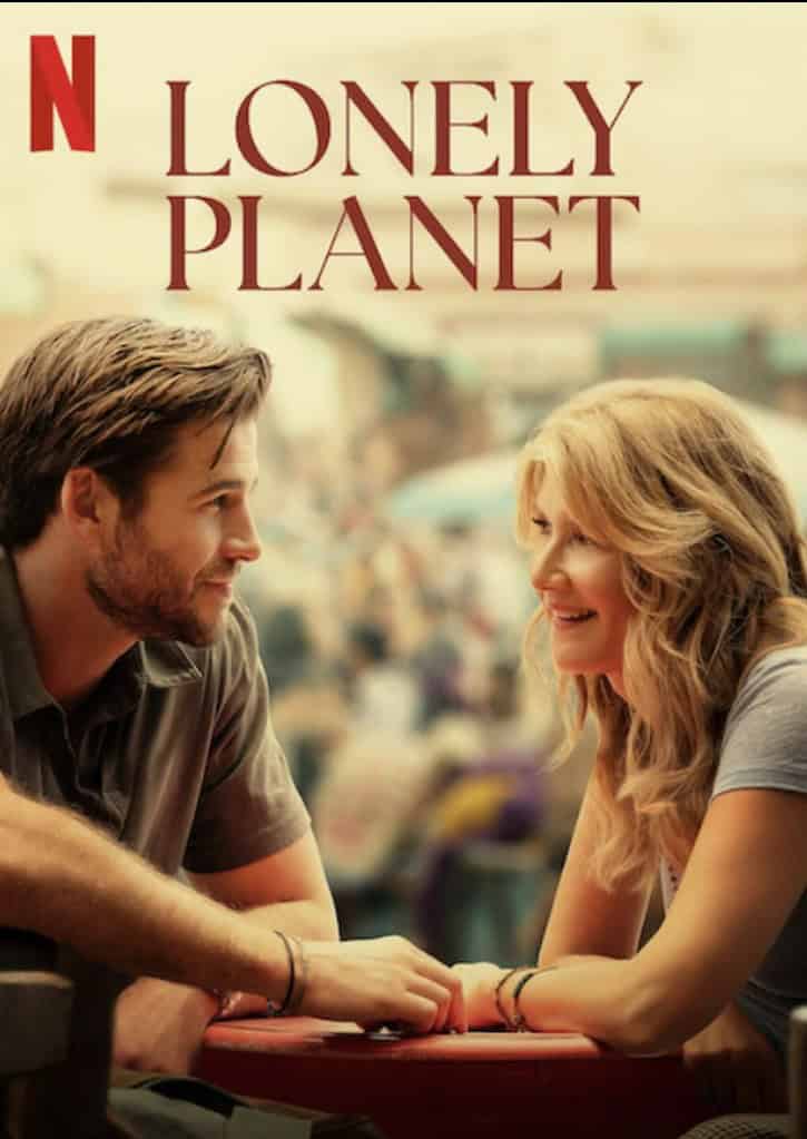 The poster for Lonely Planet features Laura Dern and Liam Hemsworth holding hands in a cafe.